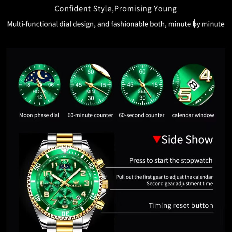 Men'S Watches Classic Multifunctional Chronograph Original Quartz Wristwatch Moon Phase 24 Hour Waterproof Watches Man NEW